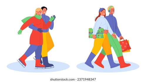 Couples at winter scenes set. Man and woman at skates and happy couple with gift boxes and presents. New Year and Christmas. Cartoon flat vector collection isolated on white background