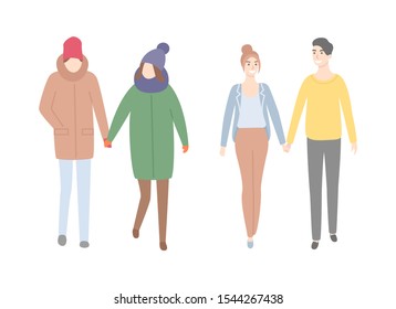 Couples in winter and spring cloth walking holding hands. Vector man and woman dating, dressed in coats and hats, trousers and sweaters isolated people