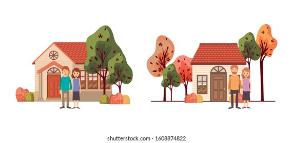 Couples of woman man houses and trees design, Relationship love romance card romantic holiday celebration together and emotional theme Vector illustration