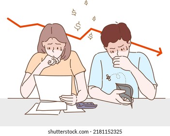 Couples are worried about debt and expenses. Hand drawn in thin line style, vector illustrations.