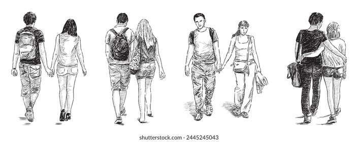 Parejas jóvenes ciudadanos tomados de la mano caminando juntos al aire libre en el día de verano, habitantes casuales de la ciudad, boceto, dibujo a mano de Vector blanco y negro, aislado en ilustración blanca