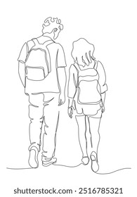 Couple-walking away. Tourists with backpacks. Back view. Continuous one line drawing. Black and white vector illustration in line art style. 