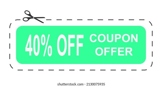 Coupon with 40 percent offer. Discount mockup with dotted cut line and scissors icon isolated on white background. Low price concept. Vector flat illustration
