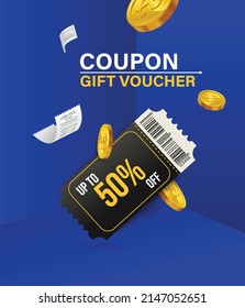 Coupon up to 50% off black rips floating in air with coin. all on  blue background.gift voucher 50% discount on shopping.summer offer ends weekend holiday.Big sale and super sale coupon code discount