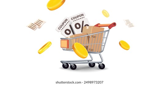 Coupon up to 50% off black rips floating in air with coin. all on blue background.gift voucher 50% discount on shopping.summer offer ends weekend holiday.Big sale and super sale coupon code discount