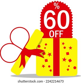 Coupon 60% off gift box. 60% off sale. vector illustration