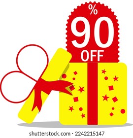 Coupon 90% off gift box. 90% off sale. vector illustration