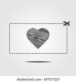 Coupon with bar codes or voucher code or promo code vector with scissors to cut the dotted line border and scribbled heart.