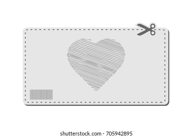 Coupon with bar codes or voucher code or promo code vector with scissors to cut the dotted line border and scribbled heart.