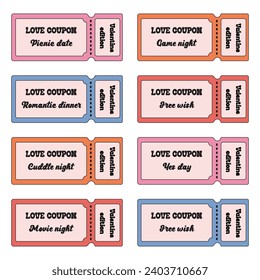 Coupon book with love coupons for Valentine Day. Happy Valentine day gift for boyfriend, girlfriend or couples. Set of love coupons, Voucher with wishes for lovers in trendy retro style.