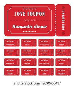 Coupon Book For Valentines Day. Love Night Tickets. Best Gift For Boyfriend. Present For Couples. Vector Cards Templates In Cartoon Style.