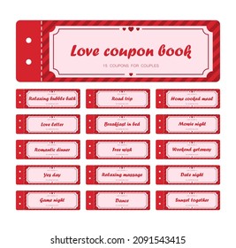 Coupon book for Valentines day. Love night tickets. Best gift for boyfriend. Present for couples. Vector cards templates in cartoon style.