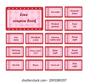 Coupon book for Valentines day. Love night tickets. Best gift for boyfriend. Present for couples. Vector cards templates in cartoon style.