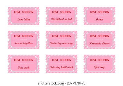 Coupon book for Valentines day. Love night tickets. Best gift for boyfriend. Present for couples. Vector cards templates in cartoon style.