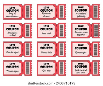 Coupon book for Valentines day. Set of love coupons in trendy retro style. Love coupon for boyfriend or girlfriend. Valentine gift, surprise and present for couples. Valentines day romantic tickets.