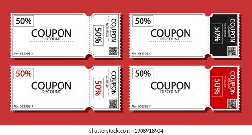 Coupon Card element template for graphics design.Discount coupon ,gift vouchers or certificates,ticet card of promotion sale for website,social media. Set isolated on red background, vector
