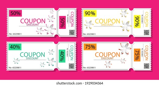 Coupon Card element template for graphics design.Coupon with Spring flowers ,gift vouchers or certificates,ticket card of promotion sale 50,75,40,90 percent discount. Vector set on pink background.