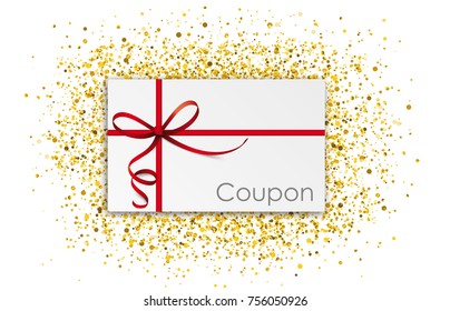 Coupon card with red, thin ribbon and golden glitter with shadows on the white. Eps 10 vector file.