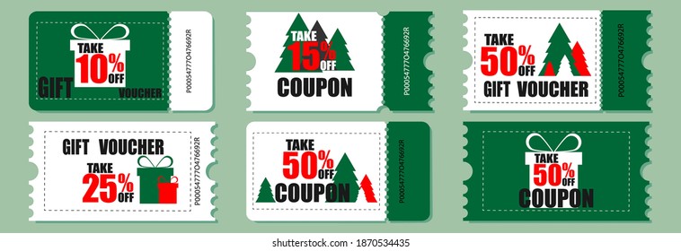 Coupon cards and gift vouchers with New Years attributes.Discount coupon ,ticket card of promotion sale for website,social media. Set of icon vector Illustration