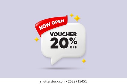 Coupon Chat Sprechblase. Jetzt Flaggenband öffnen. Gutschein 20 Prozent Rabatt. Coupon-Sonderangebot. Schwarzer Freitag Rabatt-Symbol. 3D funkeln Sterne Sprechblase. Vektorgrafik