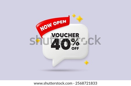Coupon chat speech bubble. Now open flag ribbon. Voucher 40 percent off sale. Special offer coupon sign. Black friday discount symbol. 3d sparkle stars speech bubble. Vector