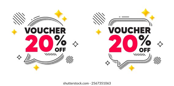 Coupon chat speech bubble. Social media concept. Voucher 20 percent off sale. Special offer coupon sign. Black friday discount symbol. 3d flare stars chat bubble. Vector