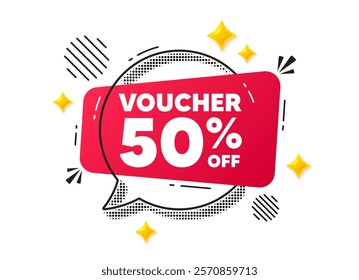 Coupon chat speech bubble. Social media concept. Voucher 50 percent off sale. Special offer coupon sign. Black friday discount symbol. Red chat message. Offer speech bubble. Glare 3d stars. Vector