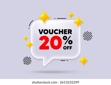 Coupon chat speech bubble. Social media concept. Voucher 20 percent off sale. Special offer coupon sign. Black friday discount symbol. 3d sparkles chat bubble. Vector