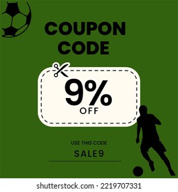 Coupon Code 9%off, Soccer Coupon, 9% off discount soccer player. 9% percent discount