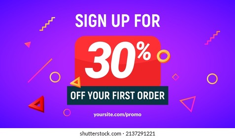 Coupon code discount 30 sign up advertising offer. Discount promotion tag flyer 30 percent off promo sale