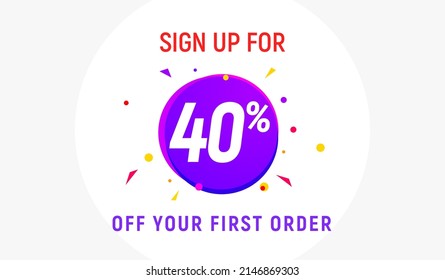 Descuento de código de cupón 40 oferta de publicidad de suscripción. Folleto de etiquetas de promoción de descuento 40 por ciento fuera de venta promocional.