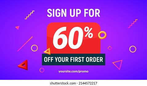 Descuento de código de cupón 60 inscríbete a la oferta de publicidad. Facturador de etiquetas de promoción de descuento 60 por ciento fuera de venta promocional