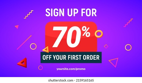 Coupon code discount 70 sign up advertising offer. Discount promotion tag flyer 70 percent off promo sale.