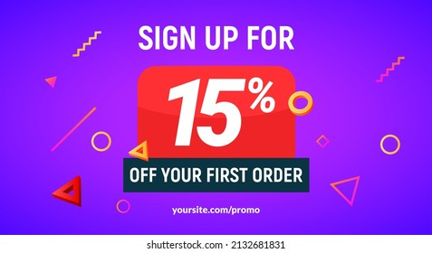 Oferta de publicidad con descuento por código de cupón. Folleto de etiquetas de promoción de descuento 15 por ciento fuera de venta de promoción