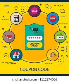 Coupon code flat icons concept. Vector illustration. Element template for design.