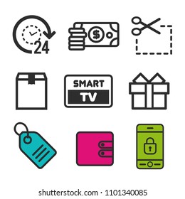 Coupon code icon. Smart TV symbol. Present box icon. Price tag sign. 24h open and Money bag icons. Eps10 Vector.
