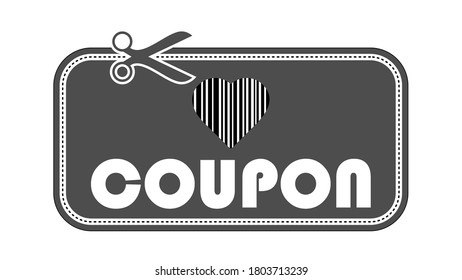 Coupon code vector illustrations with scissors and heart in barcode