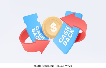 Coupon coin dollar with arrow, Voucher cash back concept floating on Pastel background. Money shop refund digital online e-commerce, special exchange promotion Marketing. 3D vector illustration banner