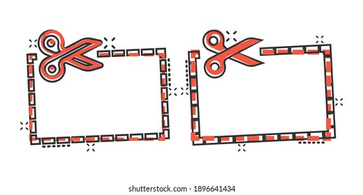 Coupon cut lines icon in comic style. Scissors snip cartoon sign vector illustration on white isolated background. Sale sticker splash effect business concept.