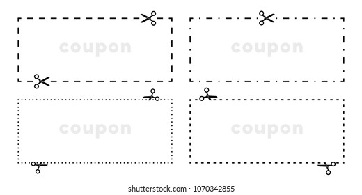 Coupon cut out scissors cutting line vector icons for border cutout with dotted dash or dashed line