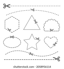 Formas de corte de cupones. Cortar bordes cuadrados de fondo blanco, etiquetas de forma de puntos de cupón de papel, cupones de descuento siluetas punteadas marcas vectoriales