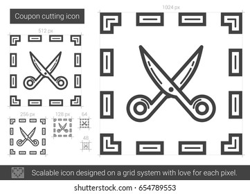 Coupon cutting vector line icon isolated on white background. Coupon cutting line icon for infographic, website or app. Scalable icon designed on a grid system.