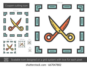 Coupon cutting vector line icon isolated on white background. Coupon cutting line icon for infographic, website or app. Scalable icon designed on a grid system.