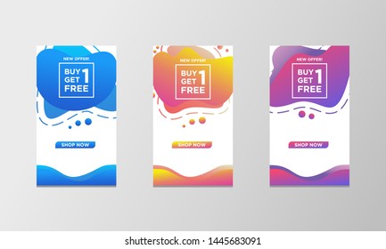 Coupon discount buy one get one free sale banner set. Modern liquid design template colorful special offer. Can use for social media promotion, flyer, web, mobile app and ready to print.