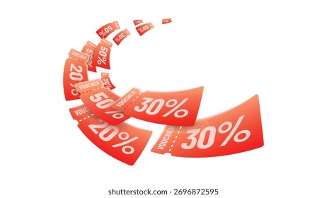 Cupón y concepto de descuento. Ilustración vectorial 3D. Muchos Cupones rojos. Cupones que caen o vuelan en una dirección curva