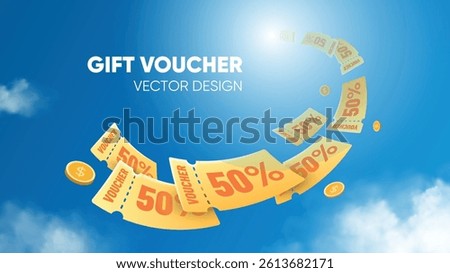 Coupon and discount coupon concept. 3D vector illustration. Many yellow coupons and coins. Coupons falling or flying in a curved direction on a sky background