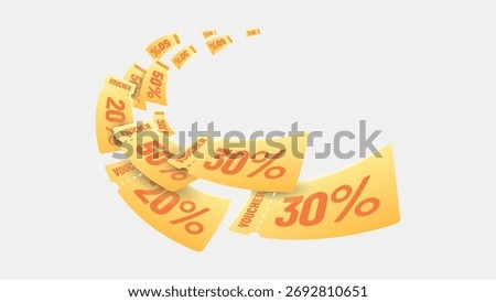 Coupon and discount concept. 3D vector illustration. Many yellow coupons. Coupons falling or flying in a curved direction