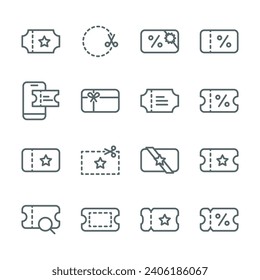 Coupon discount icons set. Contains such icon as Voucher, Online coupon, Gift card, and more. Expanded Stroke.