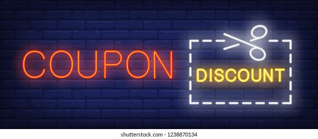 Coupon discount neon sign. Glowing inscription in dotted line with scissors on brick wall background. Vector illustration can be used for shopping, payment, discount