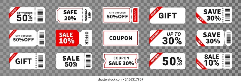 Coupon discount promotion or gift voucher set isolated on transparent background.